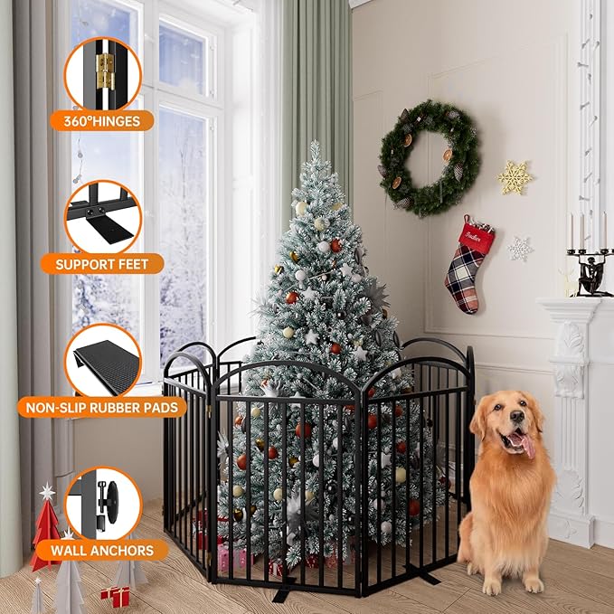 8 Panels Full Matel Freestanding Dog Gates with Door, 192"Extra Wide 32"Tall Free Standing Dog Pet Gate for Indoor & Outdoor. Foldable Pet Fences for Doorways, House, Stairs, Porch, Deck, Yard