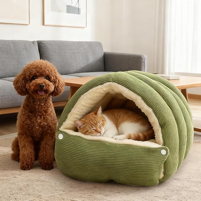 Cat Dog Cave Bed, 2026 New Winter Cave for Cat and Small Dog, Warm Plush Covered Cat House with Removable Cushion,Soft Calming Indoor Cat Bed (Brown Plaid, L(20 * 16 * 11inch)