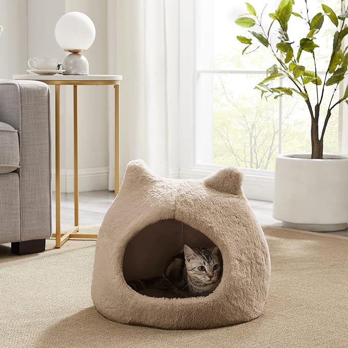 Best Friends by Sheri Meow Hut Fur Dome Pet Bed – Covered Cat Cave for Cats & Small Dogs up to 15 lbs, Faux Fur Hideaway with Water-Resistant Bottom, Machine Washable, Wheat