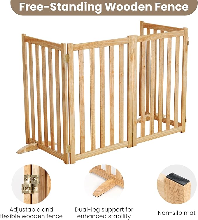 Wire Dog Gate Solid Wood Frame, 36" Height, Anti-Chewing Pet Gate Indoor Freestanding Indoor Foldable Dog Fences for Stairs, House, Doorway Extra Wide, 4-Panel, 60" Wide, Natural