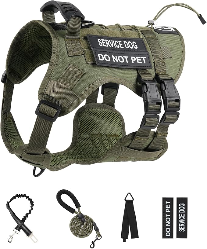 No Pull Tactical Dog Harness for Small Dogs, Escape Proof Molle Dog Vest Harness and Leash Set, Adjustable Military Service Dog Harness with Handle for Medium Large Dogs (Green, S)
