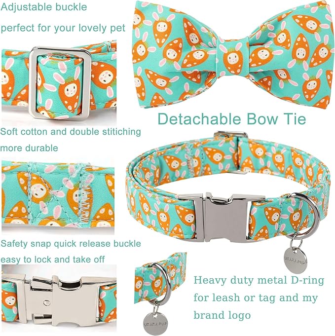 Easter Dog Collar with Bow Tie, Lovely Cotton Easter Carrot Adjustable Bowtie Collar for Girl Boy Dog, Adorable Carrots Puppy Collars with Metal Buckle,XS, Neck 8-12in