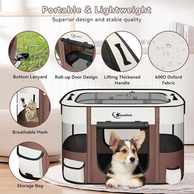 Dog Cat Playpen, Pet Puppy Portable Playpens for Outdoor Travel Crate, Indoor After Surgery Use, Foldable Dog Kennel Tent for Rabbit or Small Animals and Tent Stakes (Brown, Large)