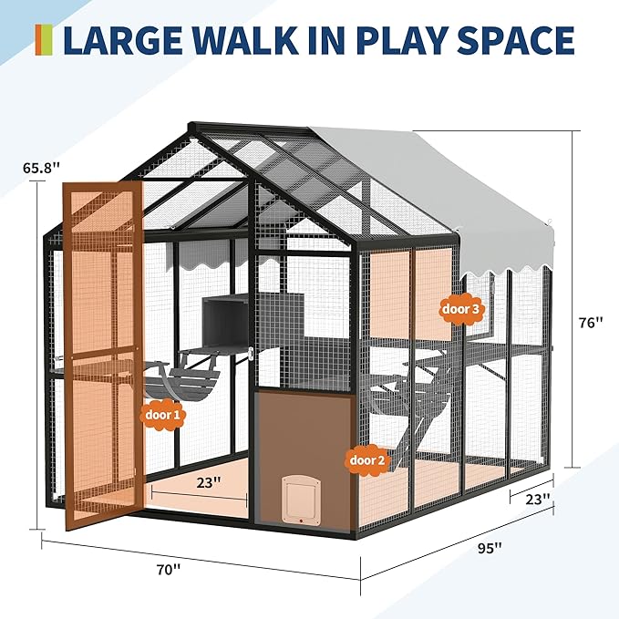 Aluminum Extra Large Outdoor Catio Enclosure for Multiple Cats with Upgrade Window – Walk-in Cat Run with Channels, Side Door, UV-Proof Cover & Platform