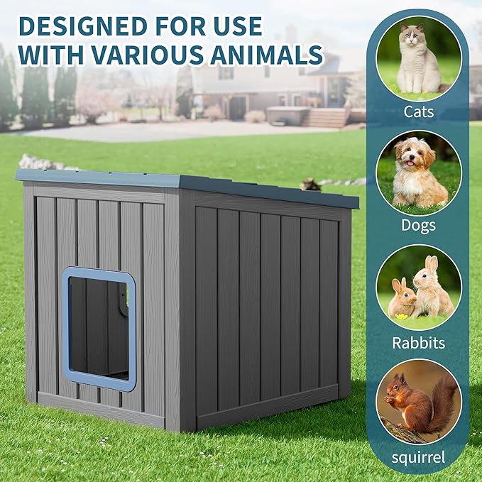 NUNU LAB Outdoor Cat House – Weatherproof & UV Resistant PP Material Shelter with Sloped Asphalt Roof, Durable Cat Condo for Garden, Patio, and Backyard (Blue, Large)