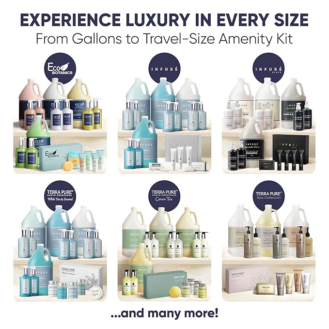 Eco Botanics Amenity Kit | Hotel Bulk Toiletries | 0.85 oz Shampoo, Conditioner, Lotion, Body Wash, Body Bar Soap for Guest Hospitality Vacation Rentals| 1 Set/Case