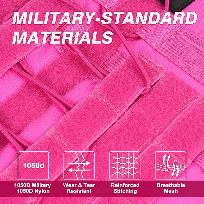 No Pull Tactical Dog Harness for Large Dogs, Escape Proof Molle Dog Vest Harness and Leash Set, Adjustable Military Service Dog Harness with Handle for Medium Large Dogs(Pink, XL)