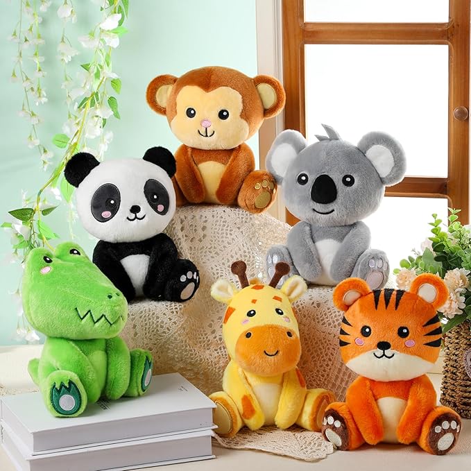 6 Pcs Small Stuffed Safari Animals Bulk, 7 Inch Jungle Animals Stuffed Toys, Plush Panda Crocodile Monkey Giraffe Tiger Elephant for Baby Shower Safari Jungle Themed Party Student Award