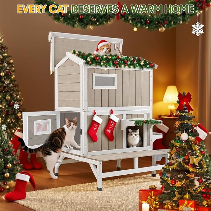 PetsCosset Outdoor Cat House Weatherproof with Balcony Outside Wooden Feral Cat Shelter with 3 Jumping Platforms and Openable Asphalt Roof for Cats and Small Animals