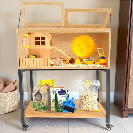 Wooden Hamster Cage with Storage Shelf, Hamster Cage, Pine, Guinea Pig Cages, 31.5' L× 15.7' W × 38 ' H, Large Animal Cages with Storage Shelf for Guinea Pig,Chinchilla,Rat, Bunny,etc.