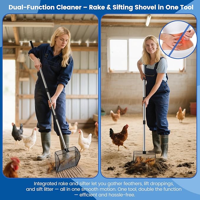Chicken Poop Scooper for Sand, 2-in-1 Rake & Pooper Scooper with Large Sifting Shovel, Adjustable Stainless Steel Handle (36"-62"), Chicken Coop Litter Scoop & Cleaning Tool for Farm Animals