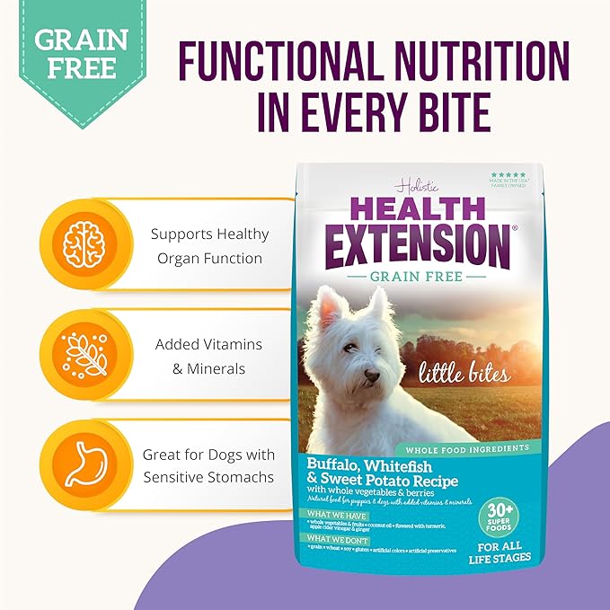 Health Extension Grain Free Buffalo & Whitefish Little Bites Small Kibble Formula with 30+ Superfoods and Probiotics for Teacups, Toys & Miniature Dogs (3.5lb)