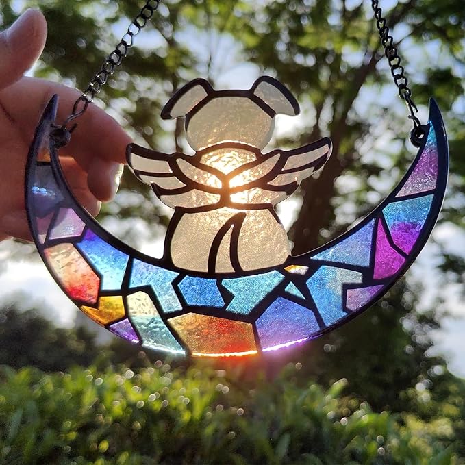 Stained Glass Angle Dog Memorial Suncatcher for Loss of Dog Sympathy Gifts, Dog Memorial Gifts with Sympathy Card, Dog Remembrance Gifts for Pet Lovers, Dog on Moon Ornaments for Window Hanging