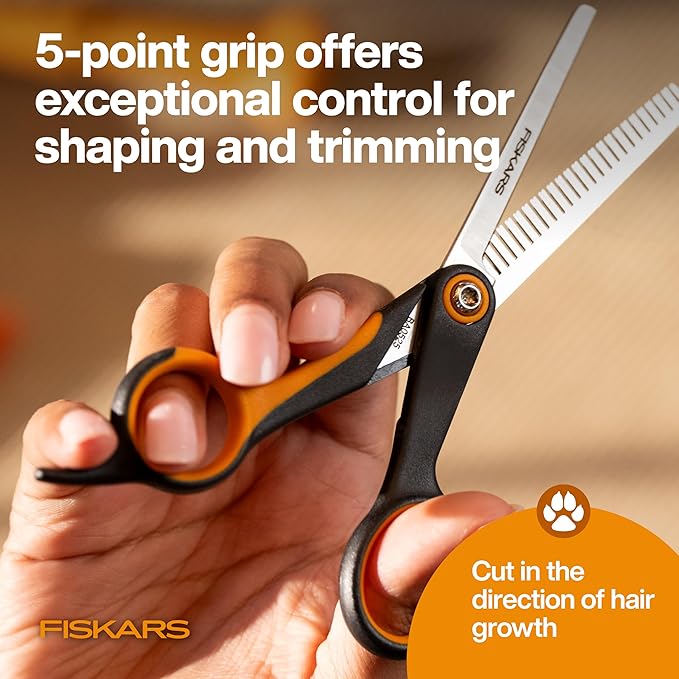 Fiskars Pet Scissors, Dog and Cat Grooming Scissors, Serrated Teeth for Thinning & SoftGrip Handle, Cat and Dog Supplies, 6.5”, Orange/Black, Blending Scissors
