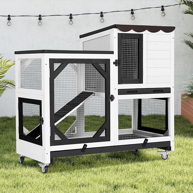 Gutinneen 2-Story Rabbit Hutch Bunny cage Wooden Rabbit Cage Indoor/Outdoor with Chew-Proof Ramp, 2 Leak-Proof Pull-Out Trays, Lockable Wheels for Rabbits, Guinea Pigs, Small Animals (Black and White)