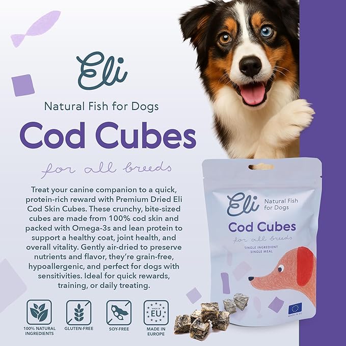 Eli Cod Skin Cubes – A Natural, Bite-Sized Fish Treat for Dogs, High in Protein and Omega-3, Ideal for Quick Rewards or Meal Toppers, Single Ingredient, Grain Free, Gluten Free, Air Dried – 3 Pack