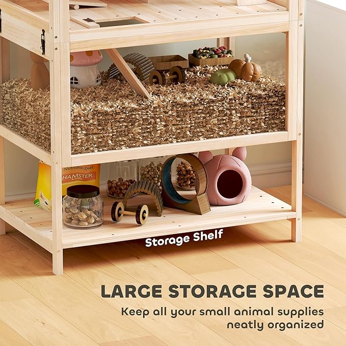 PawHut Wooden Hamster Cage, 3 Tier Small Animal Cage with Detachable Lower Floor, Storage Shelf, Hut, Seesaw, Exercise Wheel, Ramps, Hamster Habitat for Dwarf, Gerbil, 31.5" x 21" x 46"