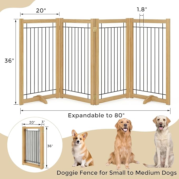 Wire Dog Gate Solid Wood Frame, Anti-Chewing, 4-Panel, 36" Height, 80" Width, Indoor Freestanding Pet Gate Foldable Wooden Dog Fences for Stairs, House, Doorway, Oak Color