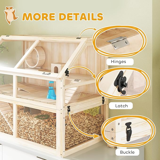 PawHut Wooden Hamster Cage, 3 Tier Small Animal Cage with Detachable 12.4" Deep Bottom, Hut, Seesaw, Exercise Wheel, Ramps, Hamster Habitat for Dwarf, Gerbil, 37" x 21" x 30"