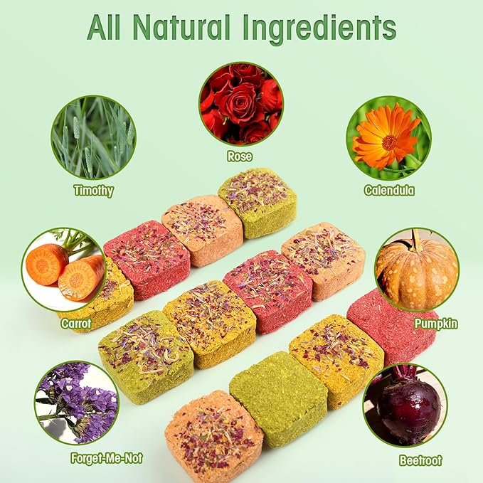 Abizoo Rabbit Chew Toys for Bunny Natural Rabbits 15Pcs Chew Treats with Organic Timothy Hay Carrot Pumpkin Calendula Beet and Rose, Bunny Treat for Rabbits Guinea Pigs Hamsters Chinchillas