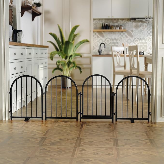 Full Metal Dog Gate with Door for Indoor Outdoor, 24" Tall Free Standing Pet Dog Fence, 72" Extra Wide Pet Gates for Stairs, Hallways, Doorways, Kitchen, Decks, Yards (Black, 4 Panels)