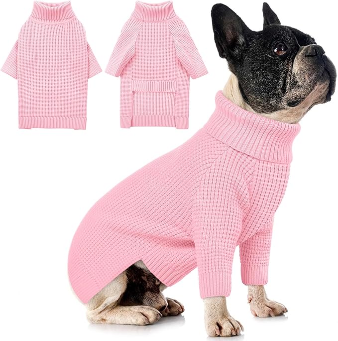 Queenmore Dog Sweaters for Small Dogs Girl, Turtleneck Fall Pet Sweaters, Waffle KnitSweater for Doggie, Cat Sweater Puppy Coat, Pink XS