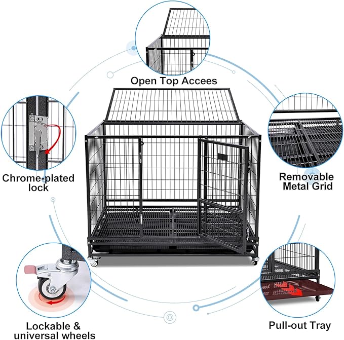 Homey Pet 43" Stackable Heavy Duty Dog Crate Cage Kennel with Feeding Door, Four Lockable Casters, Removable Tray and Grid, Escape Proof Dog Crate for Large Dogs(Two Tiers)