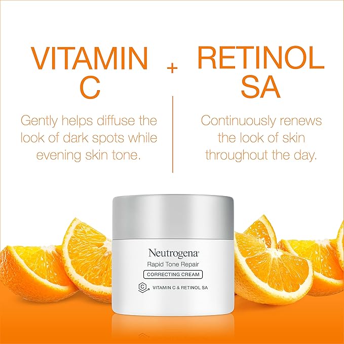 Neutrogena Rapid Tone Repair Retinol + Vitamin C Correcting Cream, Face Moisturizer with Retinol, Hyaluronic Acid & Vitamin C for Dark Spots & Discoloration, 1.7 oz