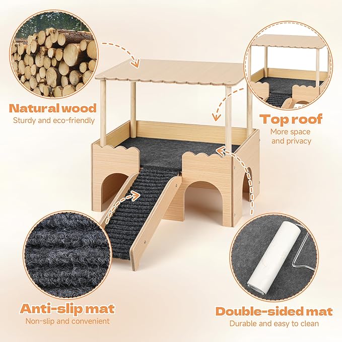 Wooden Guinea Pig Hideout Castle with Stairs,Small Animal Bed Hut Habitats Spacious 2-Level Detachable Small Pet House for Rabbits, Hamsters & Chinchillas Bunny (Updated Grey)