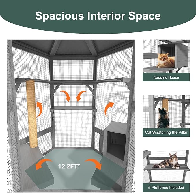 Catio Outdoor Cat Enclosure, Large Indoor Cat Catio for Multiple Cats with Window Access & Waterproof Roof, Includes Cats House, Multiple Platforms & Scratching Post, 65" Kitty Cage, Grey