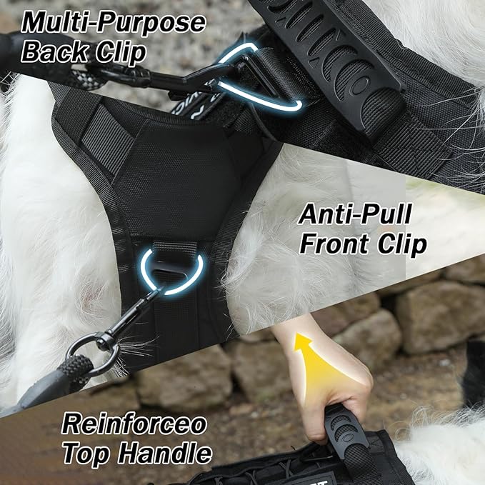 No Pull Tactical Dog Harness for Large Dogs, Escape Proof Molle Dog Vest Harness and Leash Set, Adjustable Military Service Dog Harness with Handle for Medium Large Dogs(Black, XL)