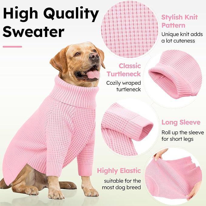 Queenmore XXL Dog Sweater, Large Dog Sweaters for Male Dogs, Turtleneck Plaid Kintsweaters for Large Breeds, Cold Weather Pullover Pet Clothes, Pink 2XL