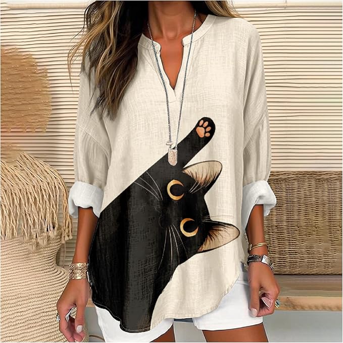 MARSVOVO Cat Shirts for Women Long Sleeve Cute Cat Pullover Graphic Novelty V Neck Blouse Oversized Funny Tunic Tops