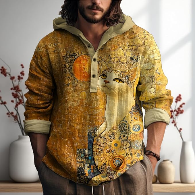 MARSVOVO Japanese Art Animal Hooded Shirt for Men Long Sleeve Quarter Button Lightweight Hoodie Cool Streetwear Tops
