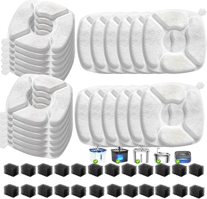 48 Pcs Cat Water Fountain Replacement Filters-24 Pack Cat Fountain Filters with 24 Pack Sponges, Enhanced Compatibility Pet Fountain Filter Fit for 95oz/2.8L 135oz/4L 67oz/2L Pet Drinking Fountain
