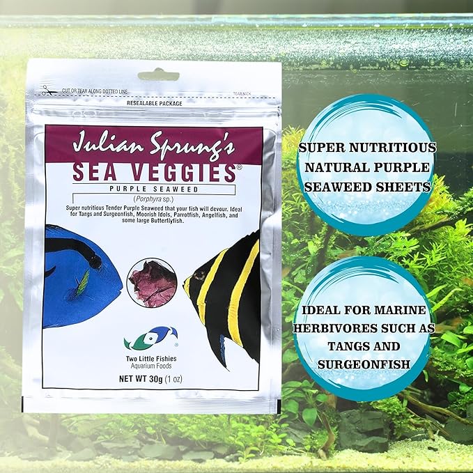 Two Little Fishies Seaweed Sea Veggies Green & Purple (Each 1 oz), and Veggie Clips for Aquarium, with Microfiber Cleaning Cloth for Seaweed Aquarium Fish Maintenance (Pack of 4)