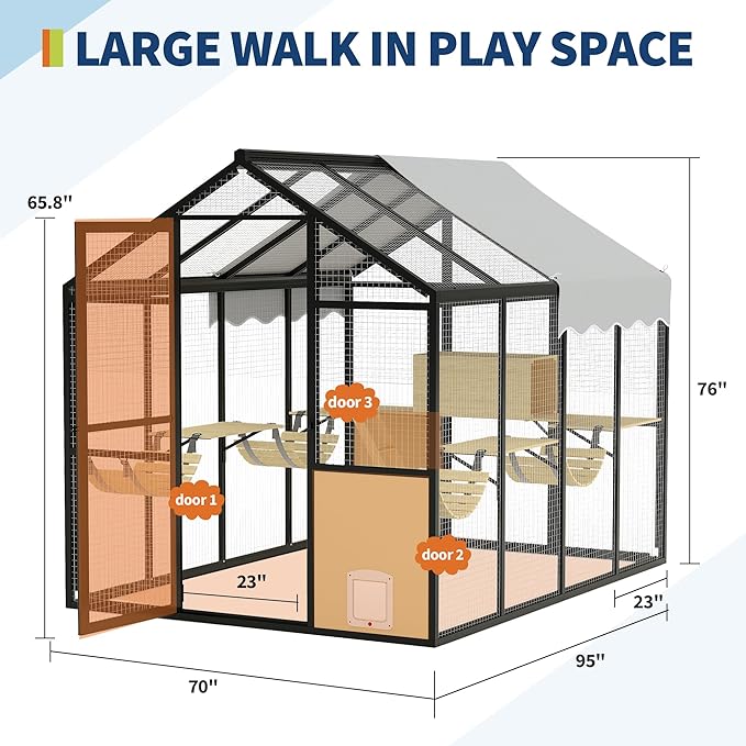 Aluminum Extra Large Outdoor Catio Enclosure for Multiple Cats – Walk-in Cat Run with Channels, Side Door, UV-Proof Cover & Platform