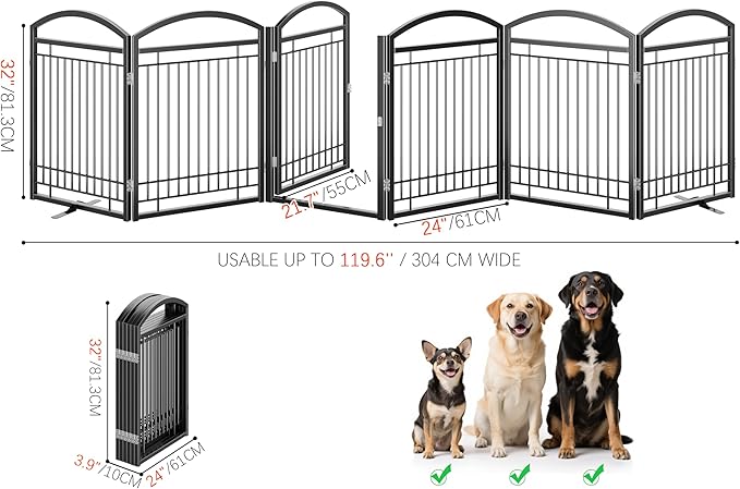 Folding No-Assembly Metal Freestanding Dog Gate with Door Walk Through,32" Height Pet Fence,144" Extra Wide Accordion Puppy Folding Playpen for Doorways,House,Stairs (6 Panels,Black)