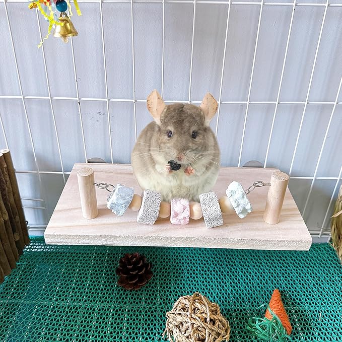 Hamiledyi Large Syrian Hamster Wood Ledge Platform with Lava Stone Block Chew Toys Chinchilla Cage Resting Wooden Shelf for Guinea Pig Rat Mouse