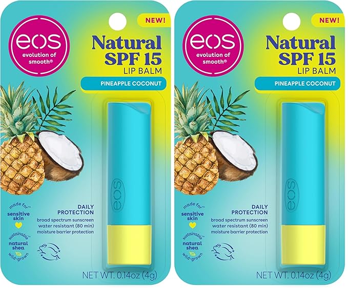 eos Natural SPF 15 Lip Balm- Pineapple Coconut, Daily Protection, Water Resistant, SPF Lip Balm, Sun Care, Sunblock for Lips, 0.14 oz (Pack of 2)