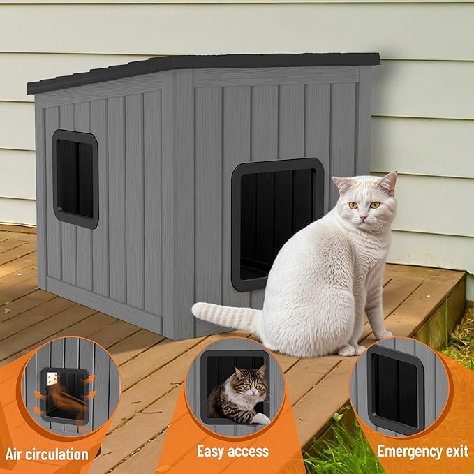 KAMABOKO Outdoor Cat House Weatherproof Plastic Cat Shelter for Indoor & Outdoor, Durable All-Season Pet House for Feral, Stray & Domestic Cats, Black