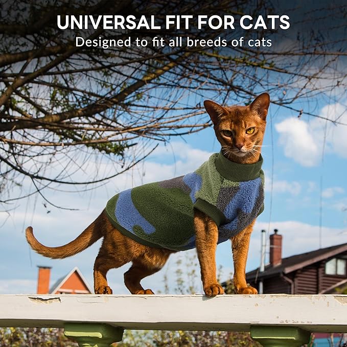PUMYPOREITY Winter Warm Cat Sweater with Stretch Ribbed Collar & Cuffs, Snug & Secure Fit with Soft Plush Fleece, Easy-On Cat Sweatshirt for Indoor/Outdoor Use,Green, M