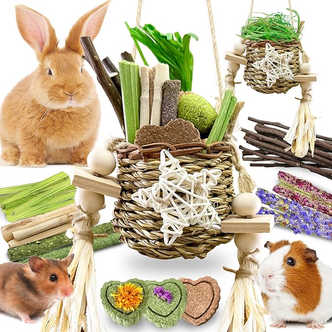 26Pcs Rabbit Toys for Bunny Boredom Basket for Small Pets, with 14Pcs Replacement Set Hanging Rodent Dental Toy with Papaya Stems Sweet Bamboo Hamsters, Chinchillas, Guinea Pigs (No Corn Cob)