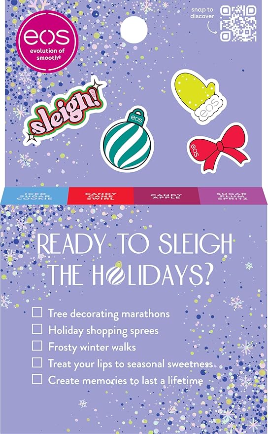 eos Holiday Lip Balm Gift Set, Sugar Plum Spritz, Iced Sugar Cookie, Candy Apple, Candy Cane Swirl, Limited Edition Lip Care, Stocking Stuffers, Natural Shea Butter, 0.14 oz, 4-pack