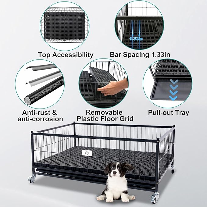 Homey Pet Three Packs 43" Dog Whelping Box for Puppies, Heavy Duty Metal Whelping Box for Small Breed Dogs with Washable Plastic Floor, Removable Tray and Four Lockable Wheels