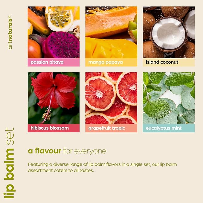 ArtNaturals Beeswax Lip Balm Gift Set – 6 Pack Assorted Flavors with Coconut Oil, Aloe & Jojoba Oil – Hydrating, Nourishing, Natural Lip Care