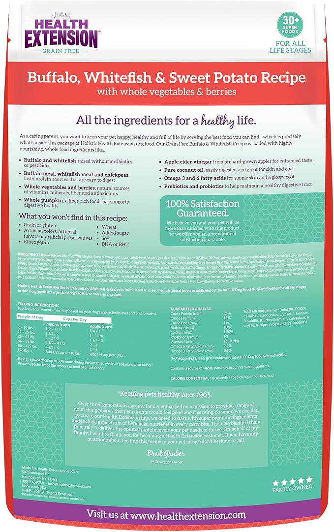 Health Extension Grain Free Buffalo & Whitefish Dry Dog Food - 30+ Superfoods and Probiotics for All Life Stages (10lb)