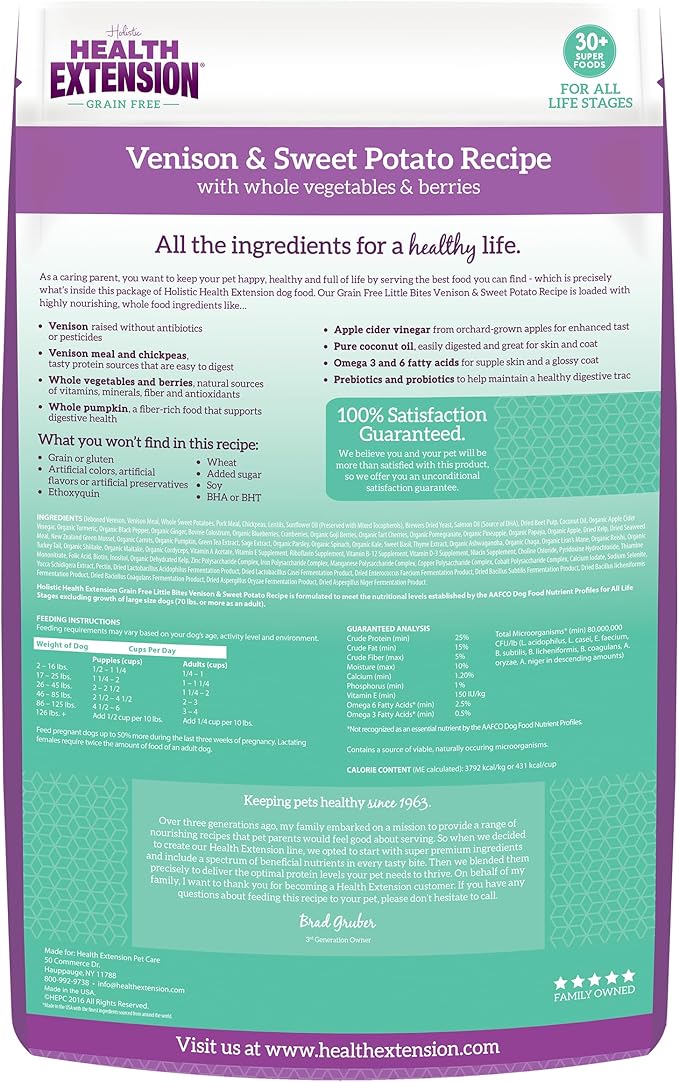 Health Extension Grain Free Venison & Sweet Potato Little Bites Small Kibble Formula with 30+ Superfoods Lean Protein, and Probiotics for Teacups, Toys & Miniature Dogs (3.5lb)
