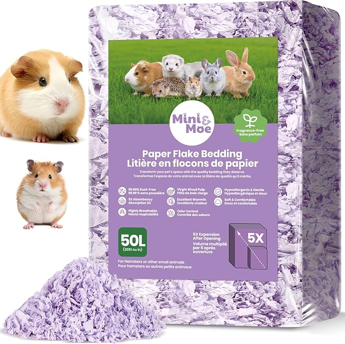 mini&moe Guinea Pig Bedding 50L: Dust-Free and Odor Control Moisture Absorbent Unscented Natural Paper Small Pet Bedding - for Hamsters,Guinea Pig, Chinchilla,Rabbits,Rat,Ferret, and Gerbil, 50 Liters