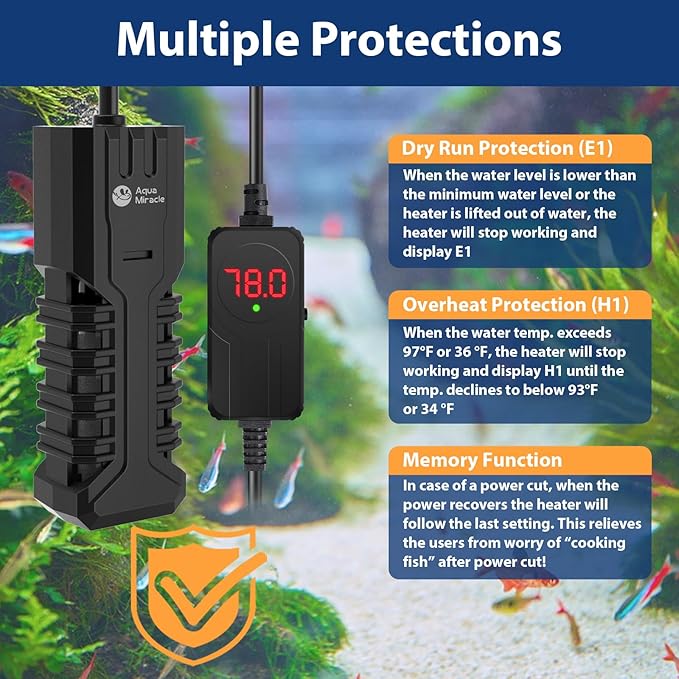 AquaMiracle 25W Submersible Aquarium Heater with LED Digital Display Thermostat, Fish Tank Heater Turtle Heater with Protective Housing, for Tanks 1-5 Gallons